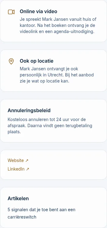 De zijkolom met Online via video, het annuleringsbeleid, links en artikelen