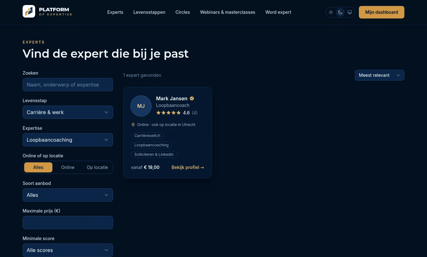 De pagina Vind de expert die bij je past met links de filters en rechts de experts