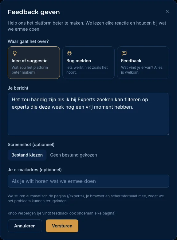 Het feedbackvenster met de keuze tussen idee, bug en feedback