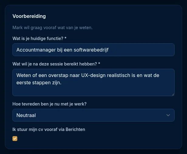 Het blok Voorbereiding met vragen over je huidige functie, je doel, je tevredenheid en een vinkje