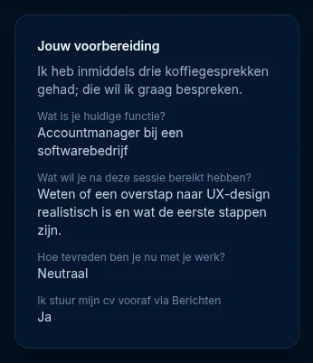 Het blok Jouw voorbereiding met de opmerking en per vraag het antwoord