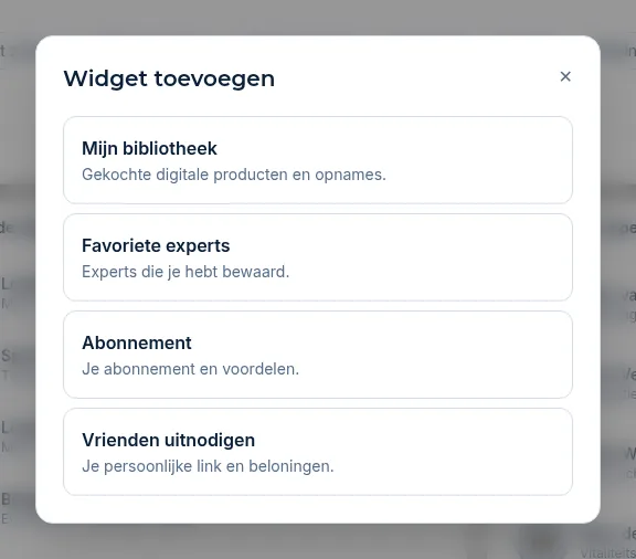 Het venster Widget toevoegen met onder meer Mijn bibliotheek en Favoriete experts