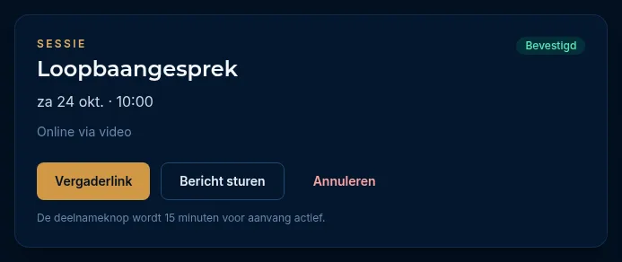 Een afspraak met de knoppen Vergaderlink, Bericht sturen en Annuleren, en de tekst De deelnameknop wordt 15 minuten voor aanvang actief