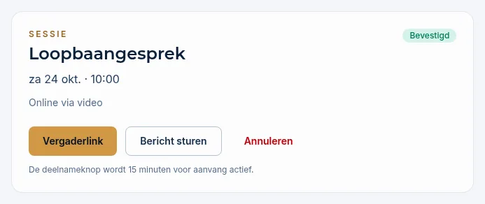 Een afspraak met de knoppen Vergaderlink, Bericht sturen en Annuleren, en de tekst De deelnameknop wordt 15 minuten voor aanvang actief