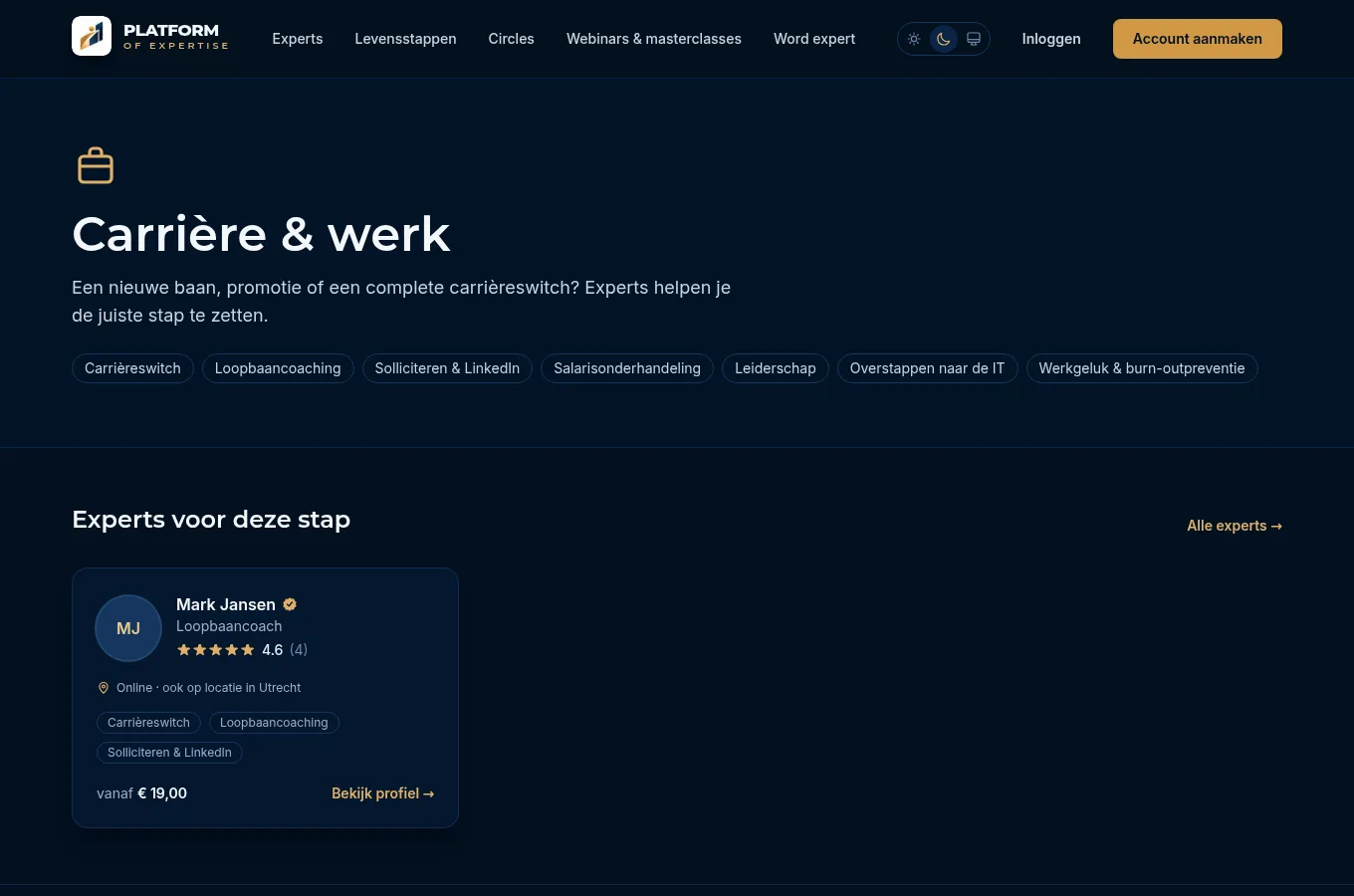 De pagina van de levensstap Carrière & werk met expertises en experts