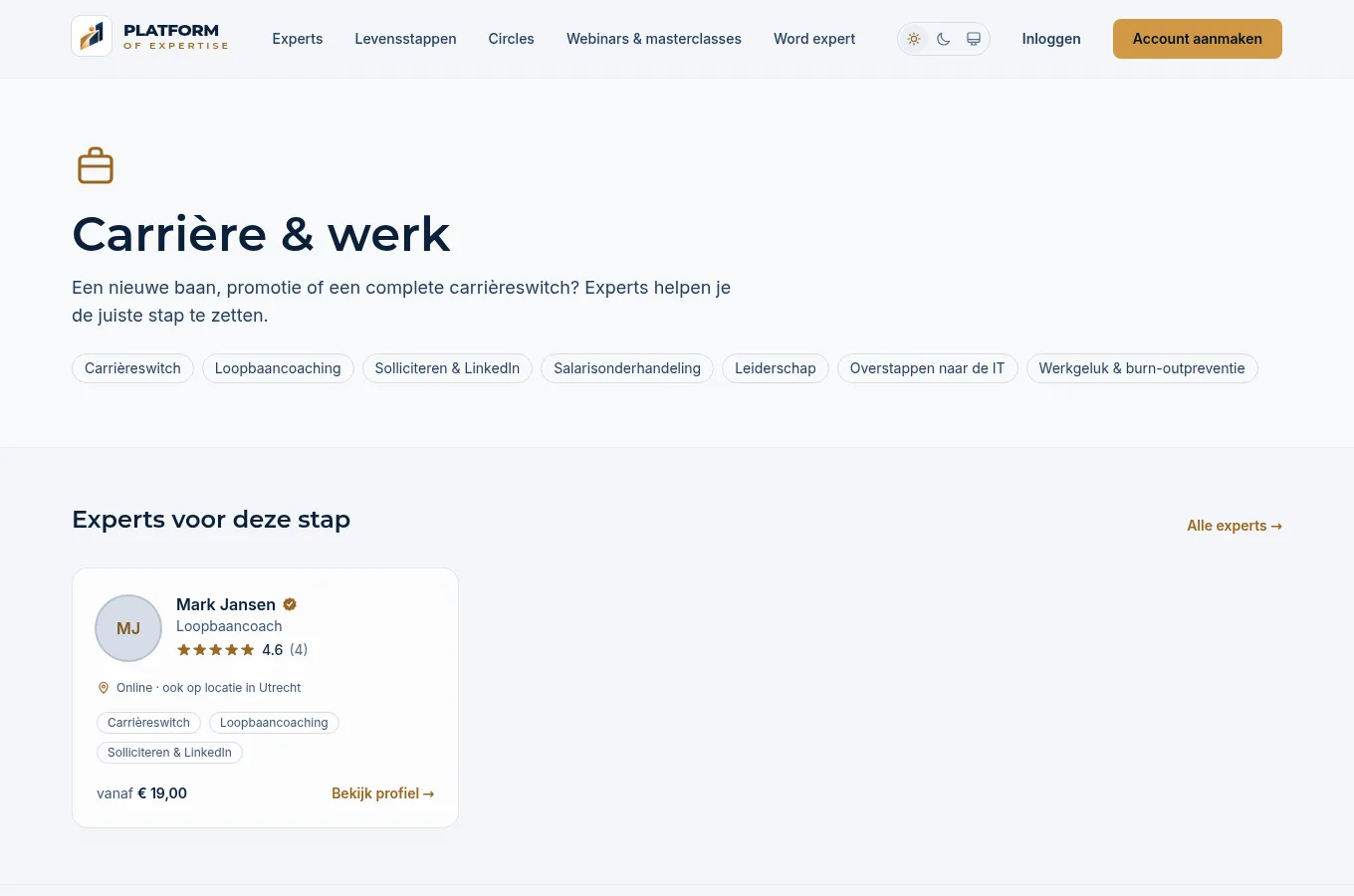 De pagina van de levensstap Carrière & werk met expertises en experts