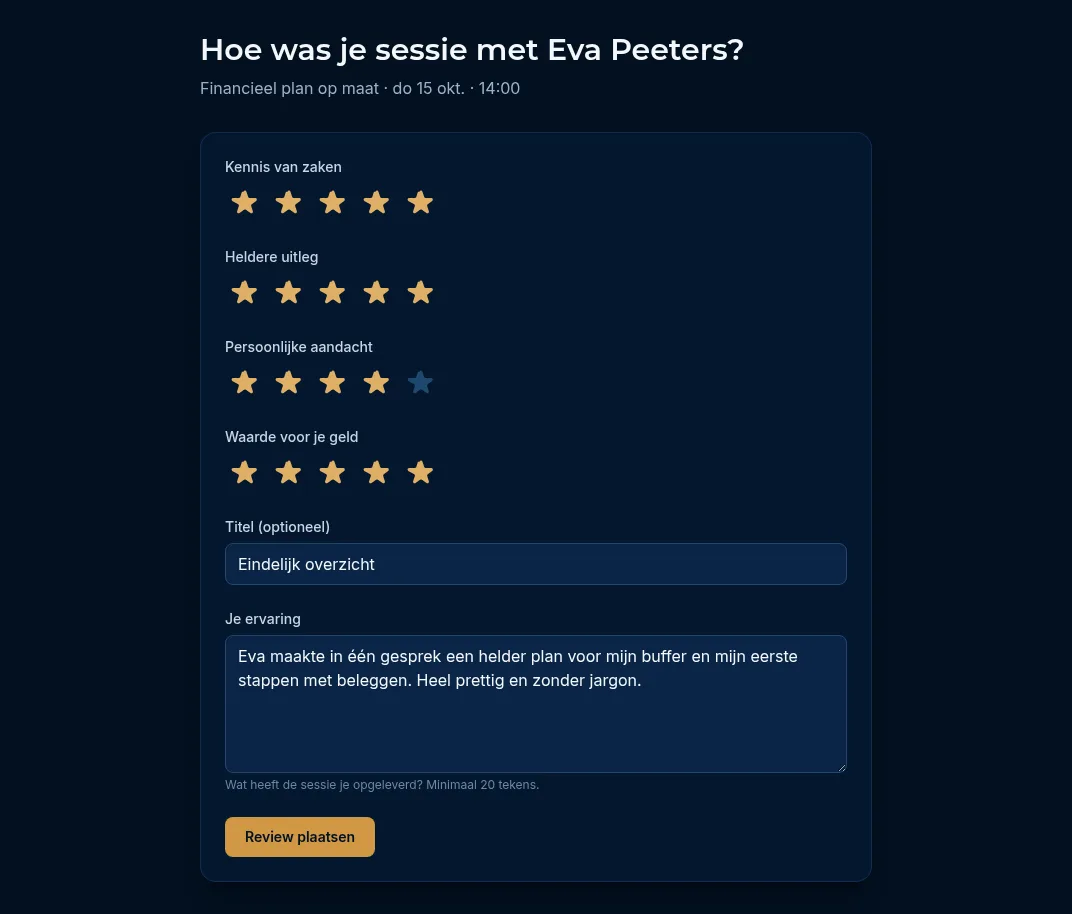 Het formulier Hoe was je sessie met Eva Peeters? met sterren per criterium, een titel en de ervaring