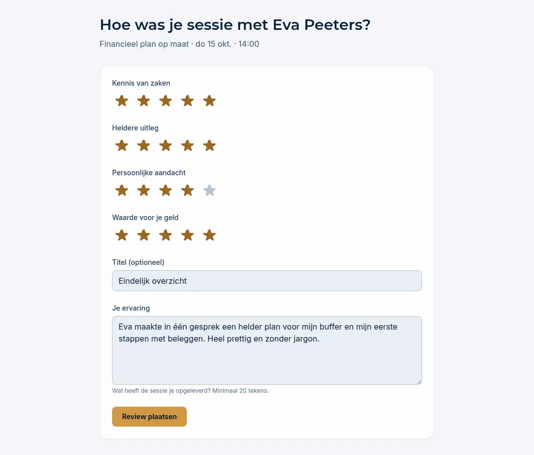 Het formulier Hoe was je sessie met Eva Peeters? met sterren per criterium, een titel en de ervaring