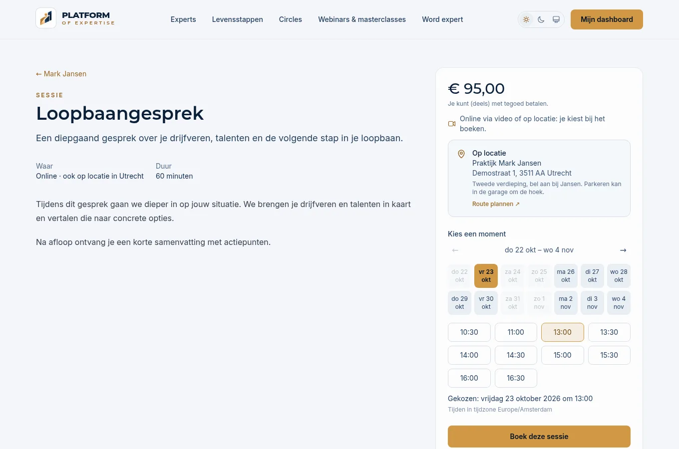 De aanbodpagina Loopbaangesprek met de prijs, de dagen en de tijdsloten, en de knop Boek deze sessie