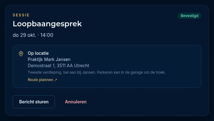 Een afspraak op locatie met het adres, de praktische info en Route plannen