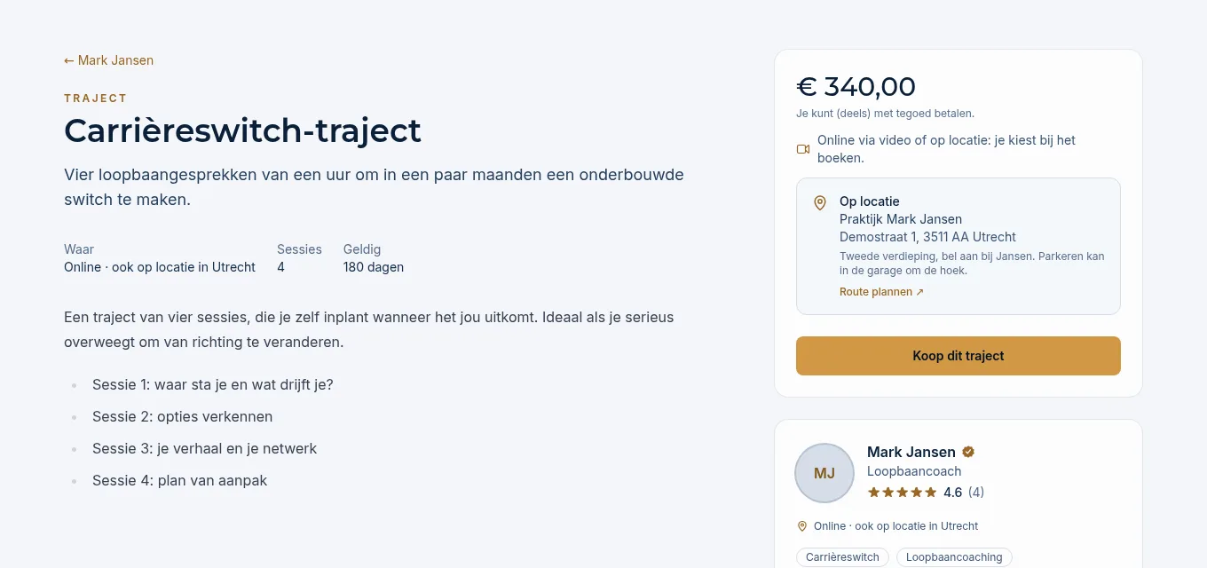 De aanbodpagina Carrièreswitch-traject met 4 sessies, 180 dagen geldig en de knop Koop dit traject