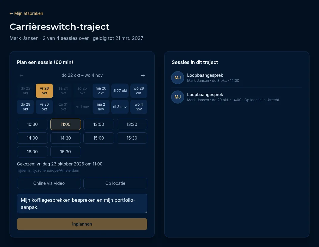 De trajectpagina met de momentkiezer, het tekstveld, de knop Inplannen en rechts de sessies in dit traject