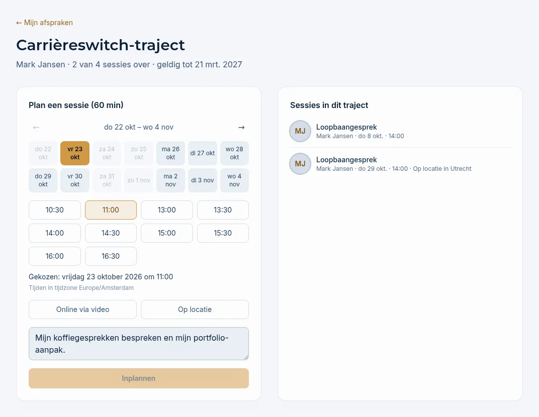 De trajectpagina met de momentkiezer, het tekstveld, de knop Inplannen en rechts de sessies in dit traject