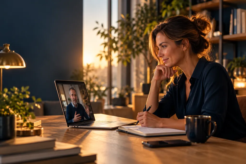 Een vrouw in een online videosessie met haar expert, vanuit haar thuiskantoor