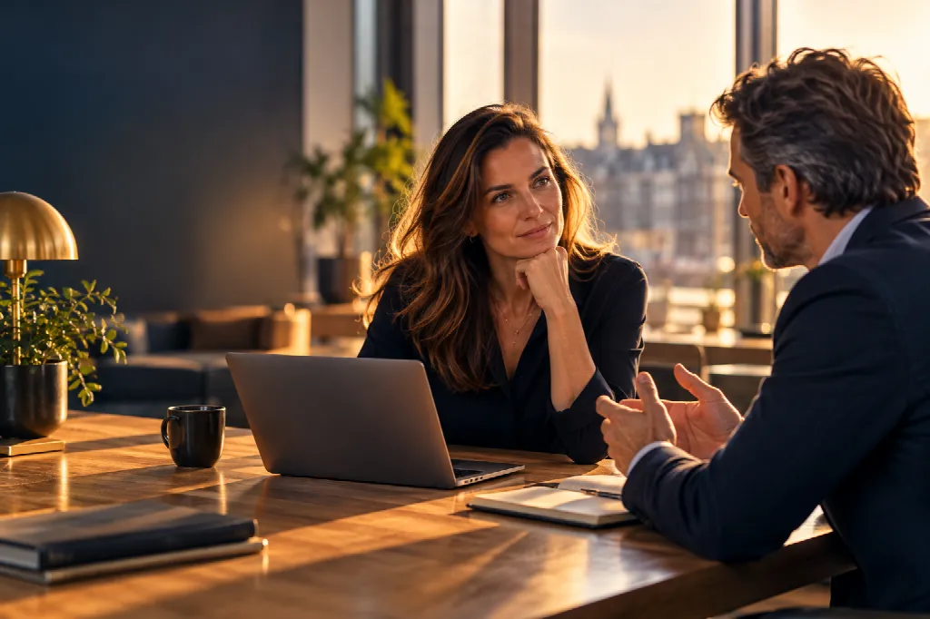 Een expert en een klant in een persoonlijk gesprek aan tafel op kantoor