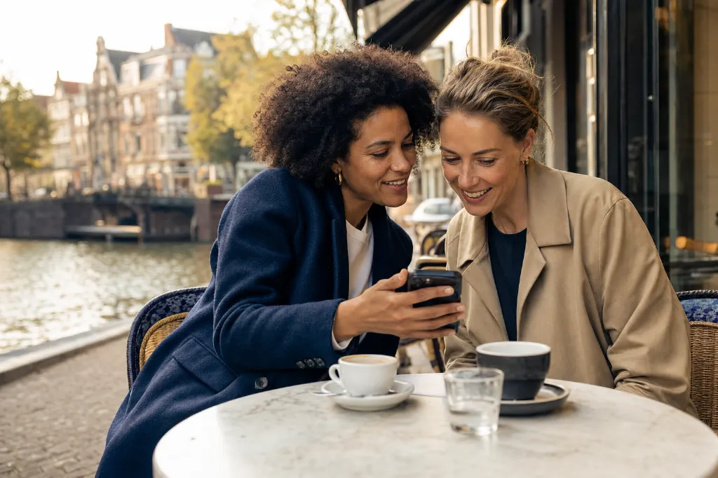 Twee vriendinnen op een terras aan de gracht bekijken samen iets op een telefoon